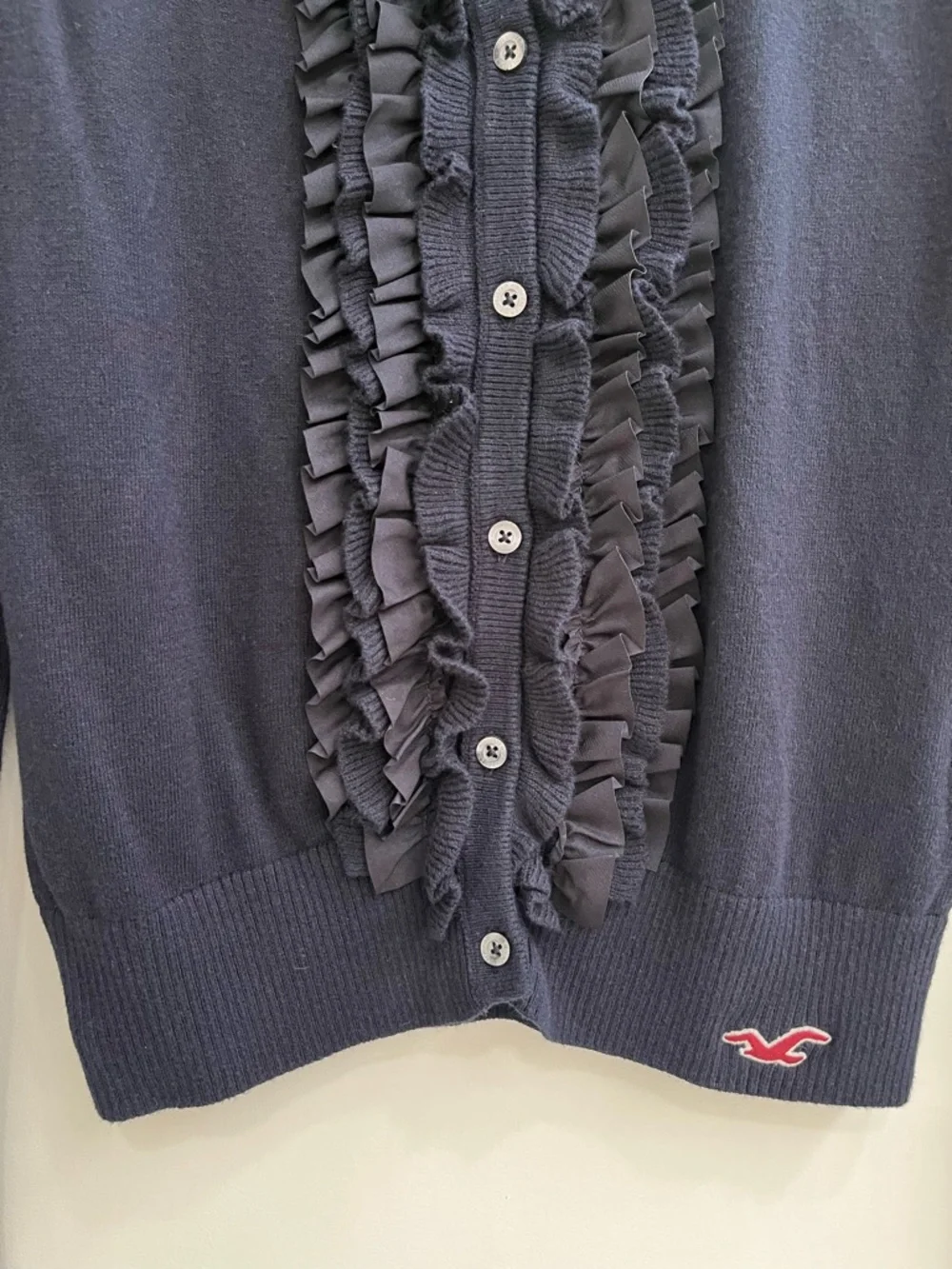 True Y2K vintage Hollister navy blue ruffled button down cardigan size large